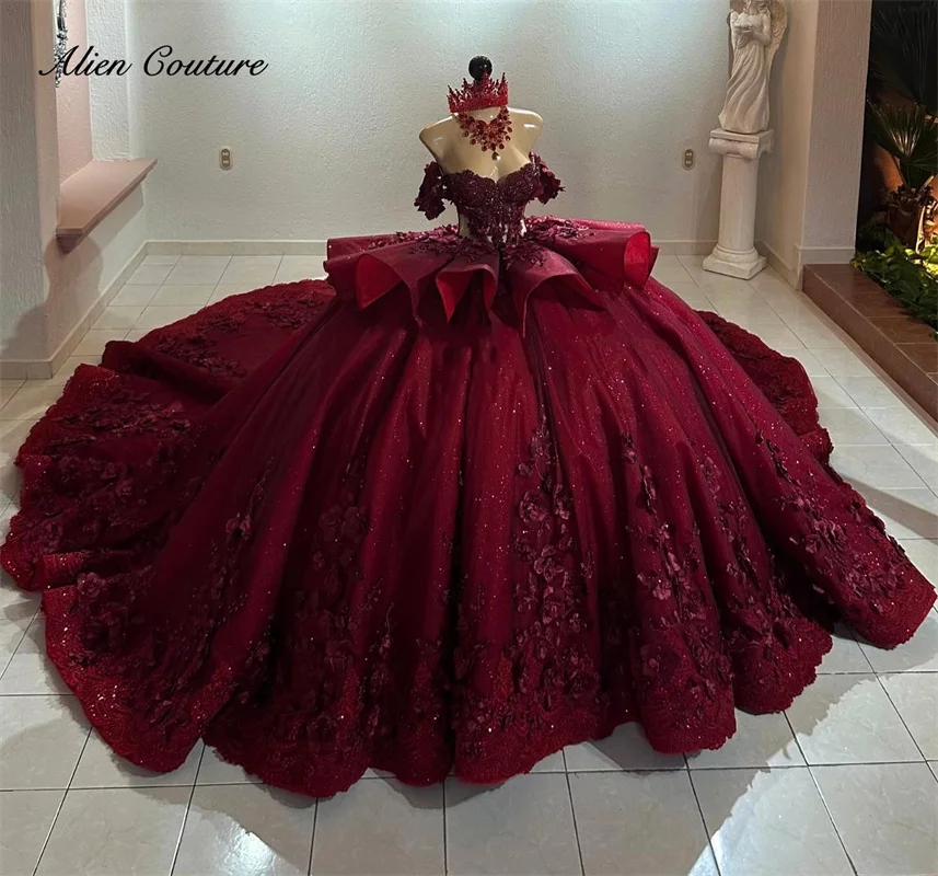 Burgundy 3D Flowers Princess Ball Gown Quinceañera Dresses Beads Crystal Appliques Birthday Party For 15th Girls Customized