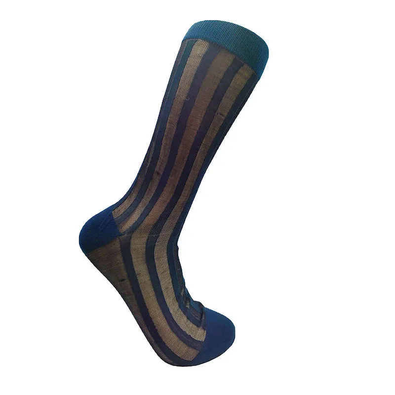 12 Pairs Men Silk Sheer Soft Thin Nylon Sock Stripe Breathable Elastic Formal Wear Dress Breathable Business Casual Long Socks