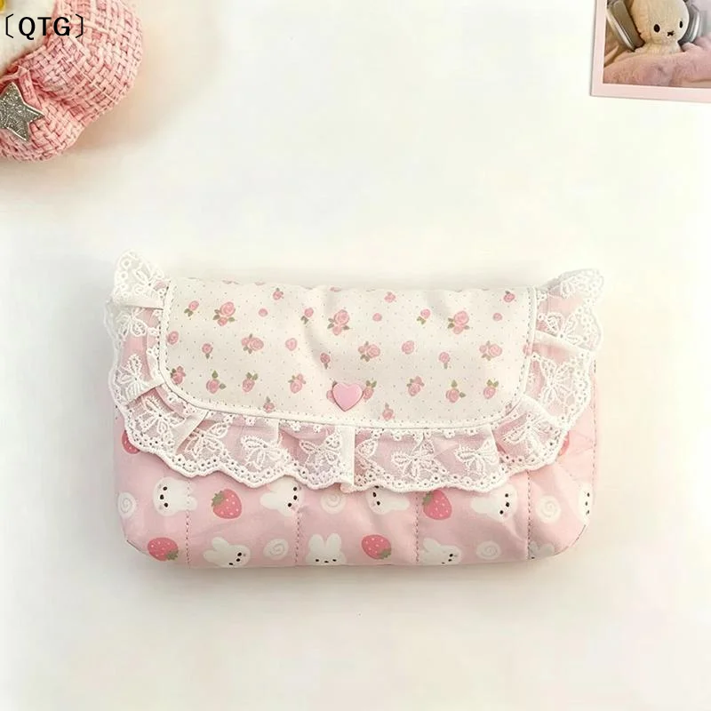 〔QTG〕Pink Plaid Lace Storage Bag with Polka Dot Bow, Cute and Stylish Flip-Top Makeup Bag for Girls, Middle School Students'