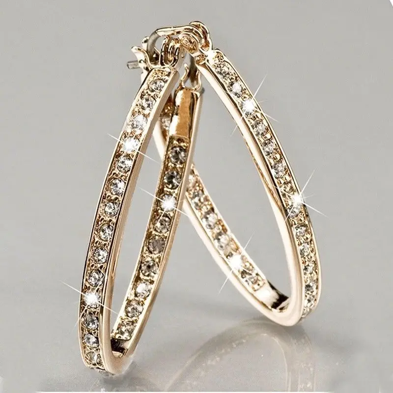 Classic Big Round Circle Hoop Earrings With Crystal Rhinestone Simple Rose Gold Color Women Earring 2020 Wholesale Y3N949