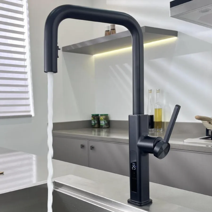 

Кухонный смеситель из матового золота с выдвижным распылителем для горячей и холодной воды, 7-образная многофункциональная насадка с защитой от брызг