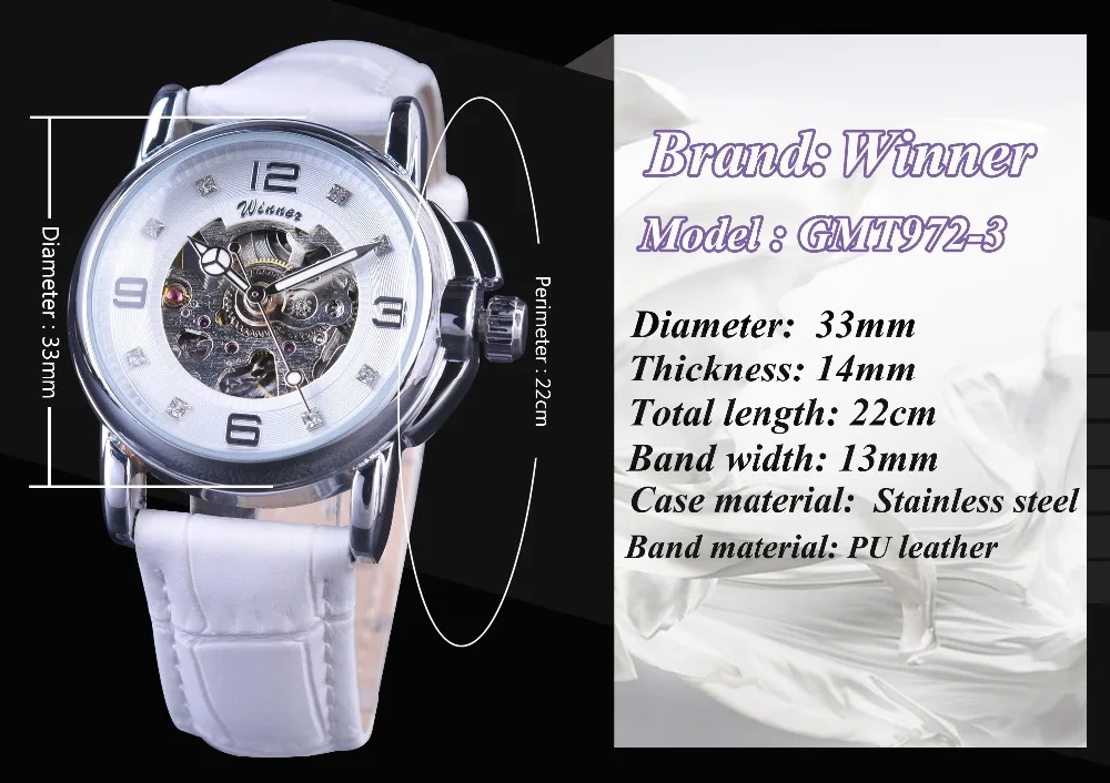 Fashion Winner Top Brand Ladies Diamond Display Women Luxury White Simple Skeleton Transparent Case Automatic Mechanical Watches