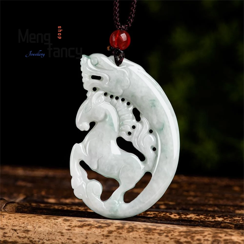 

Natural Myanmar A-goods Jadeite Antique Zodiac Dragon Horse Spirit Pendant Simple Retro Exquisite Fashion Jewelry Holiday Gift