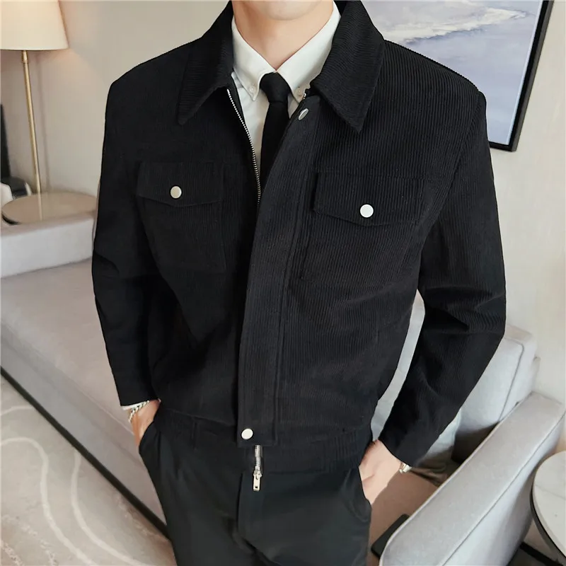 2023 Autumn Winter New Thicke Corduroy Jacket Fashion Men Lapel Short Coats Male Multiple Pockets Business Social Overcoat