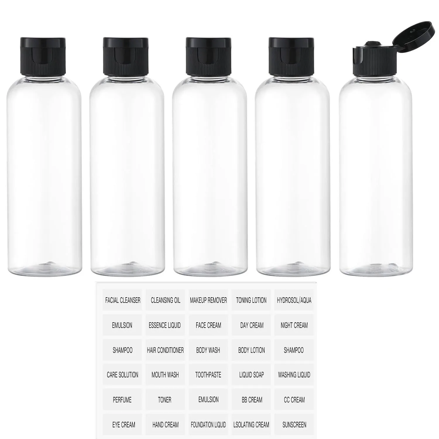 5PCS 100ML Refillable Empty Plastic Transparent Bottle with Flip Cap Portable Squeeze Shampoo Conditioner Travel Bottles