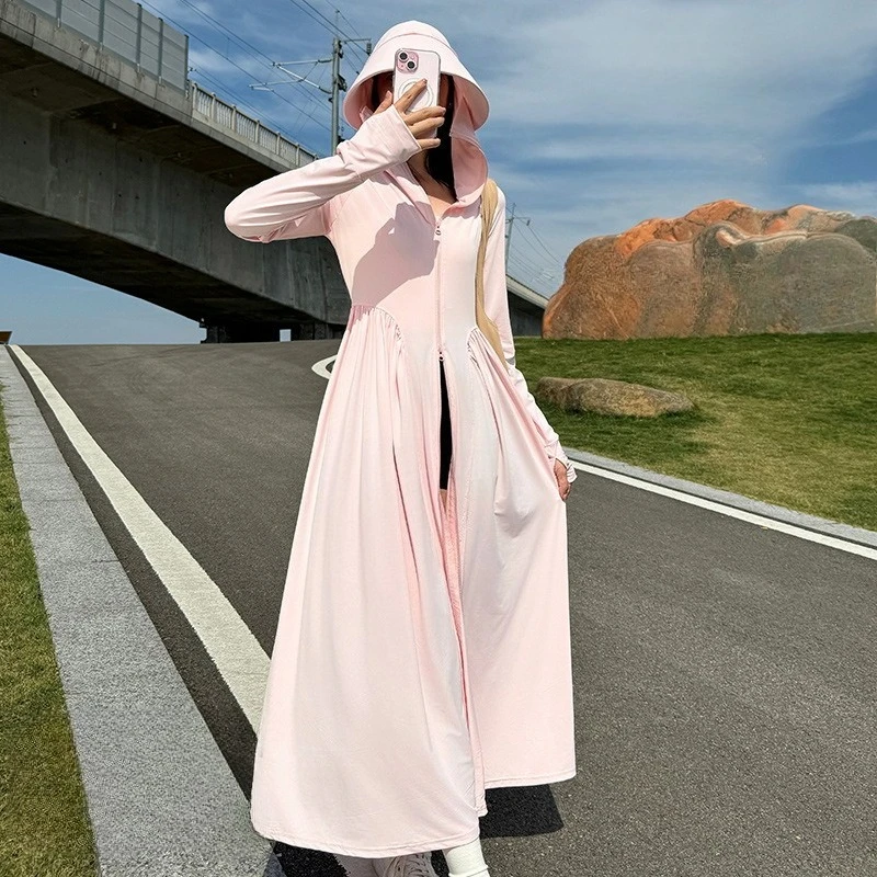 Ice Silk Women's Long Sleeve Sun Protection Dress Clothing Hooded Maxi Dress with A-Line Skirt for Outdoor Hiking & Daily Wear