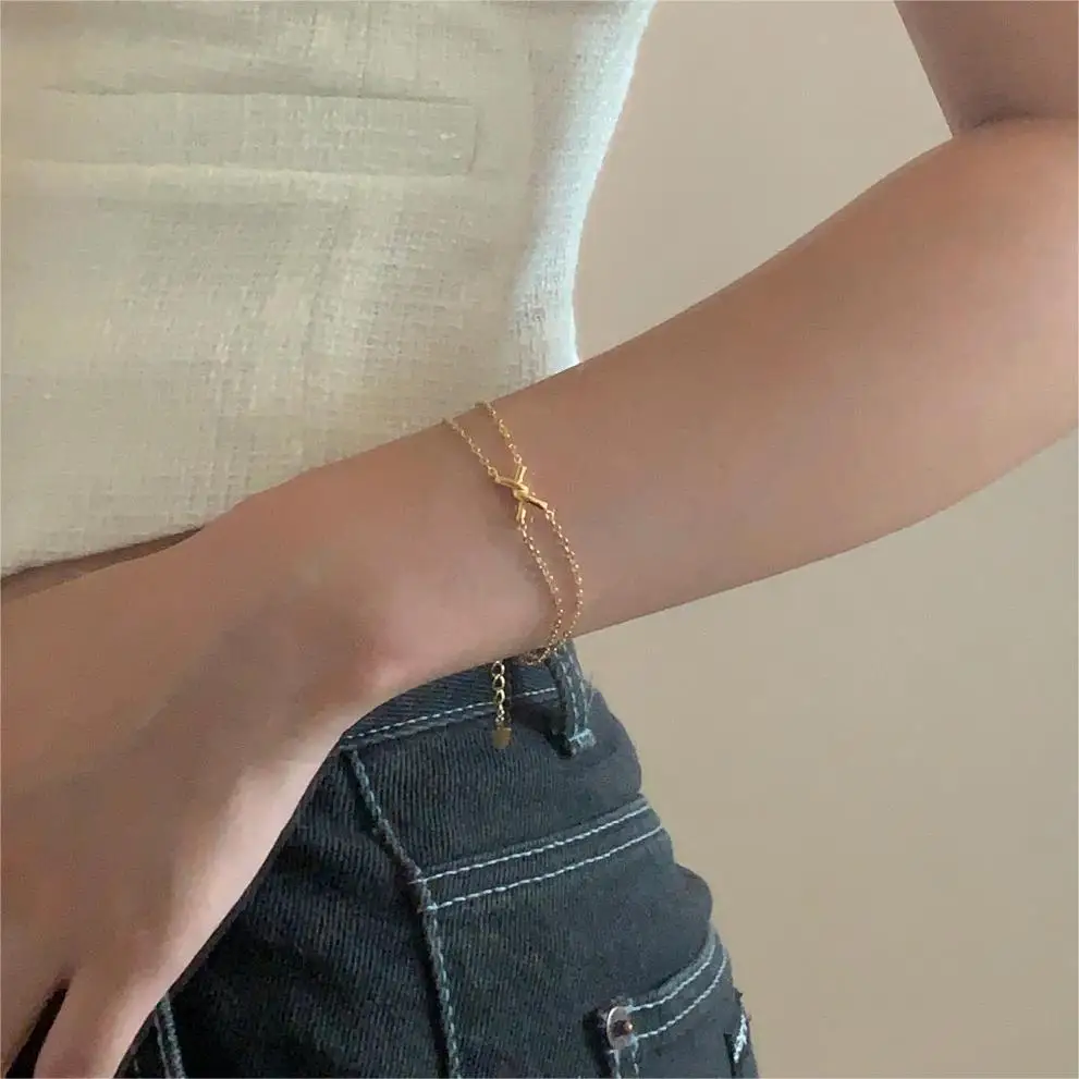 18K Gold Authentic 925 Sterling silver Double Rows Chain Twist Knot Cross Criss TWO Line Bracelet Wrist jewelry C-A359