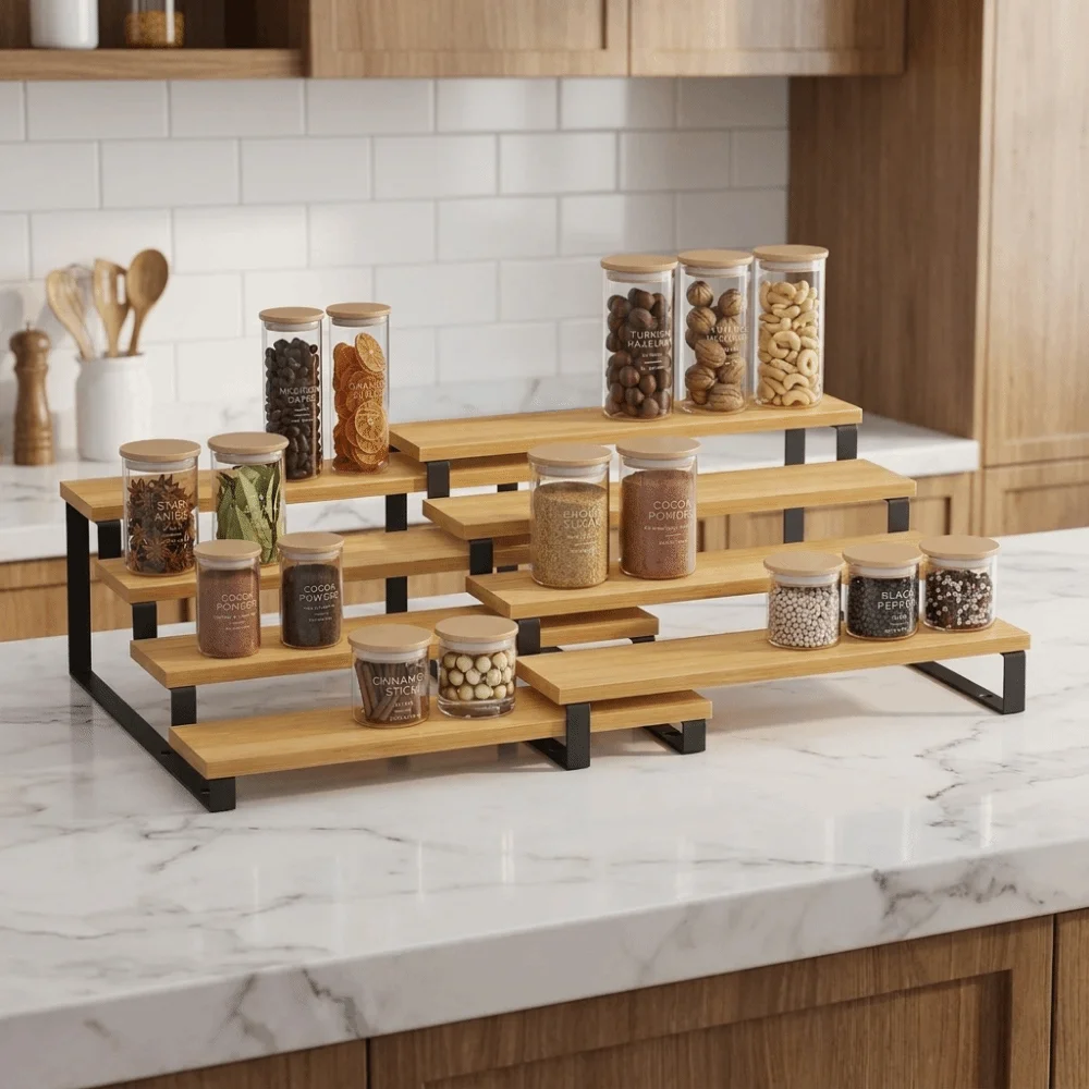 Bamboo 3 Tier Spice Rack Large Capacity Detachable Expandable Step Storage Rack Space Saving Cosmetics Storage Rack For Kitchen