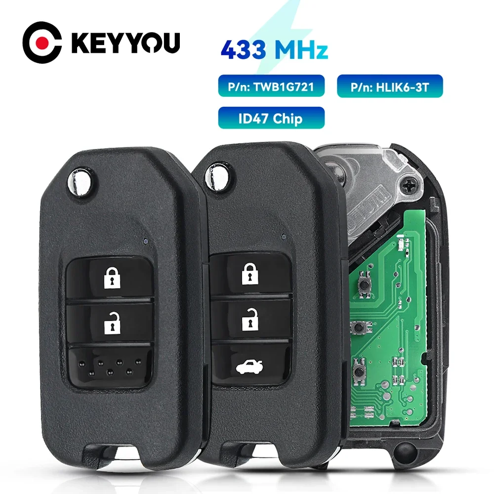 KEYYOU With Battery TWB1G721 HLIK6-3T ID47 433MHz A/G Blade Car Remote Key For Honda Accord Civic City CRV Jazz XR-V Vezel HR-V