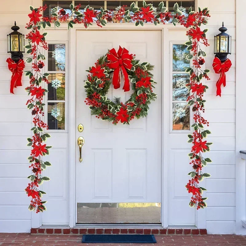 Guirlande de noël 2M avec lumière, baies rouges artificielles, feuilles de houx, vigne de lierre, couronne en rotin pour ornement d'arbre de noël, décorations pour la maison