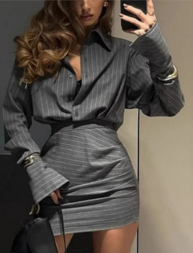 

Spring And Summer New Fashion Striped Top Short Skirt Two-piece Set Simple Casual Temperament Elegant Short Skirt Sets Women