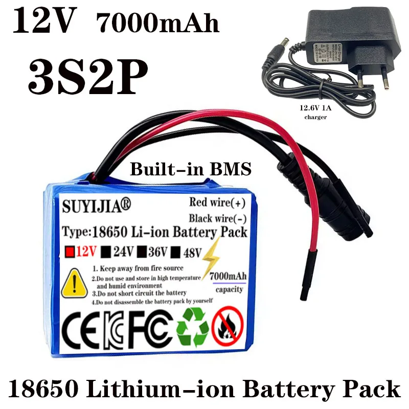 

3S2P 18650 Lithium Battery, 12V 7000mAh for Bluetooth Speaker, LED Light, Rechargeable Battery with Built-in BMS + Charger