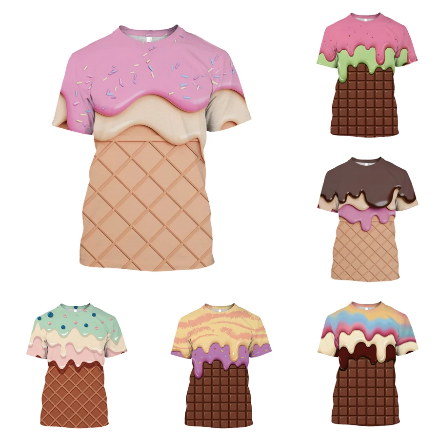 3D Digital Printing Melting Ice Cream Pattern Full Body Printed T-shirt Fashion Personality Colorful Women's Round Neck Tops