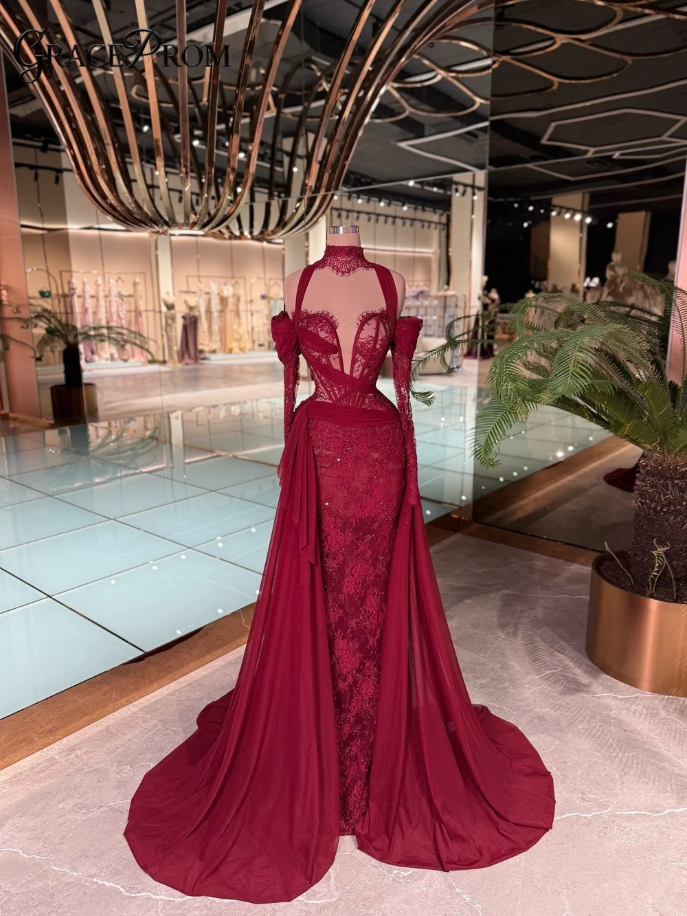 

Stunning Burgundy Sheer Lace Evening Gown Elegant High Neck Corset Chiffon Overlay Party Dress For Wedding Guests فساتين سهرة