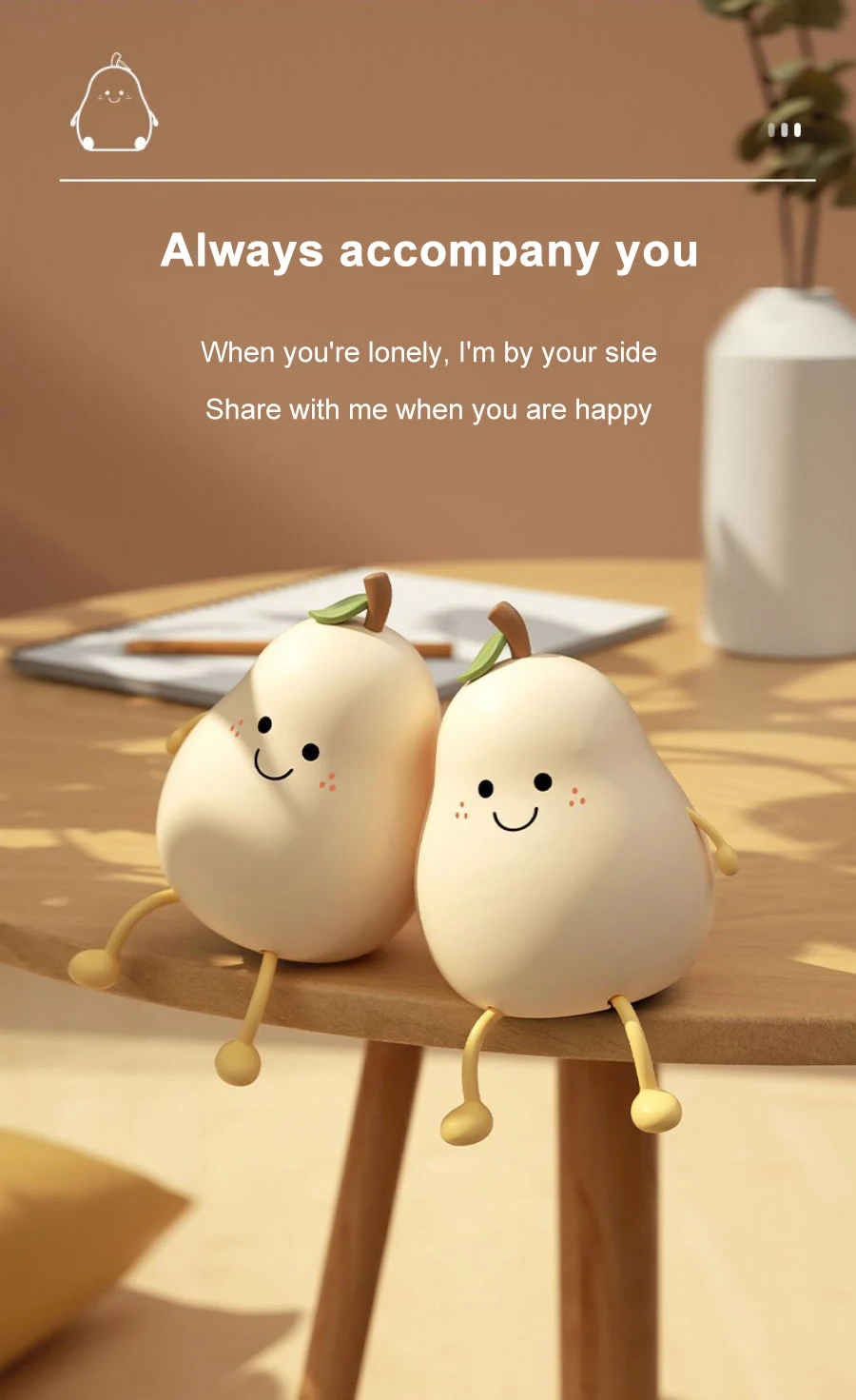 LED Pear Fruit Silicone Night Light 7 Colors Dimming Touch USB Rechargeable Cartoon Bedside Lamp Bedroom Decor Cute Kid Gift