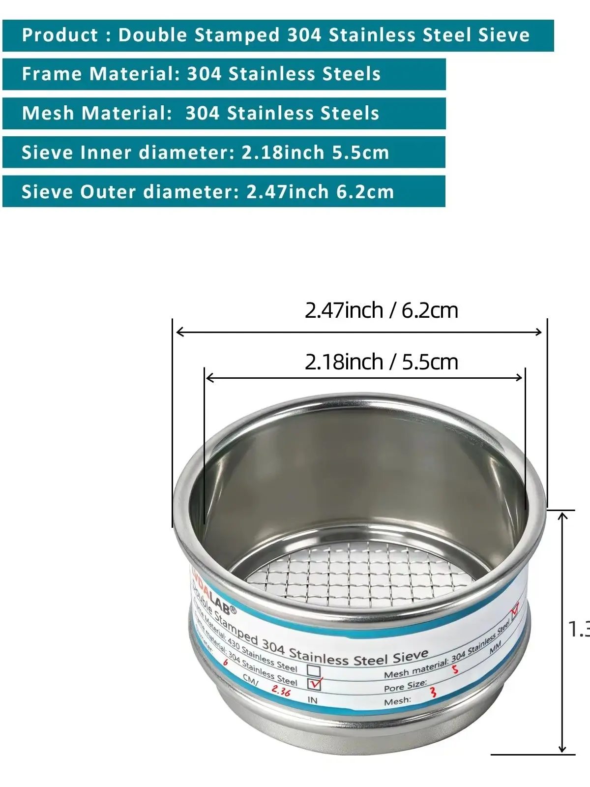 Sito testowe ze stali nierdzewnej 304, 6 cm, pełna skala 6-2800 mesh, precyzyjny filtr laboratoryjny do analizy cząstek stałych, gleby i proszku, mini sito. — zdjęcie produktu 7