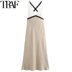 TRAF 2024 Women's Dress Backless Sexy Slip Long Dresses Woman Sleeveless Patchwork Midi Dress Women Summer Holiday Party Dresses