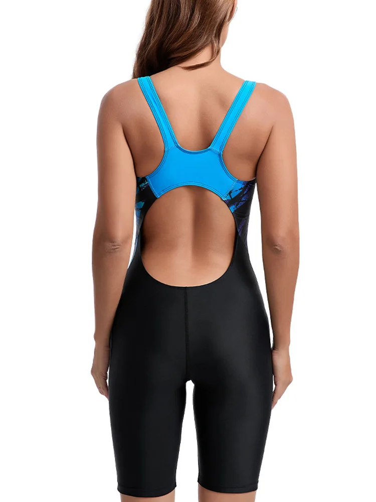 Women One Piece Swimsuit with Bike Shorts Racerback Keyhole Back Geometric Print Athletic Swimwear Training Bathing Suit