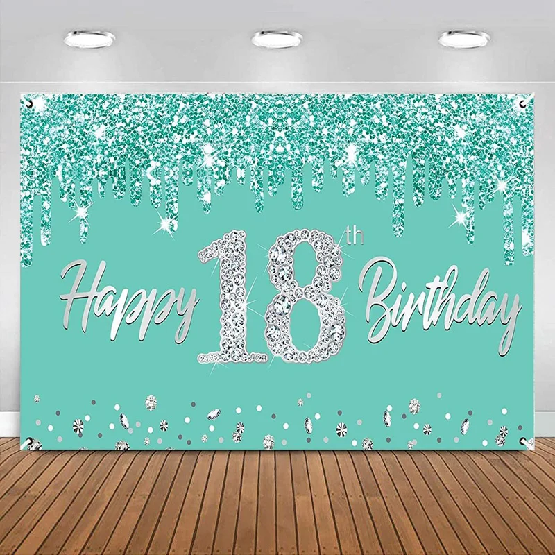 

Teal Silver 18th Birthday Decorations Banner Backdrop for Girls boys Blue happy Birthday Party Photography Background