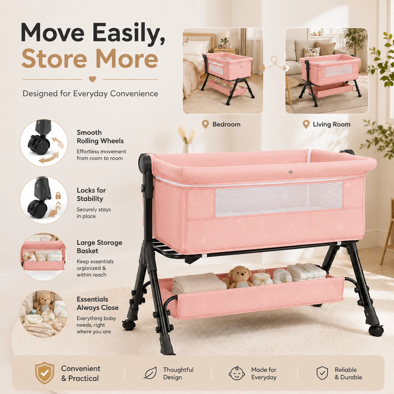 Bedside Sleeper Kmaier Baby Bassinet Adjustable Height Infant Crib Lockable Wheels Breathable Mesh Side Bedside Cot