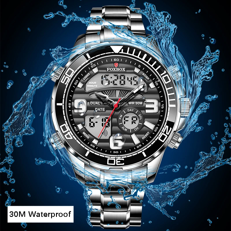 Mens Watches Luxury Fashion Sport Watch FOXBOX Brand Men Quartz Analog Digital Clock Male 30MWaterproof Stainless Steel Watches