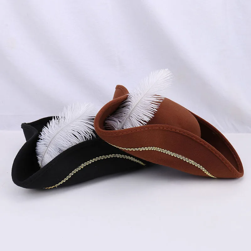 Trendy Pirate Hat Feathered Pirate Captain Hat Adorned With Gold Braided Tape Headwear Halloween Cosplay Pirate Caps Accessory
