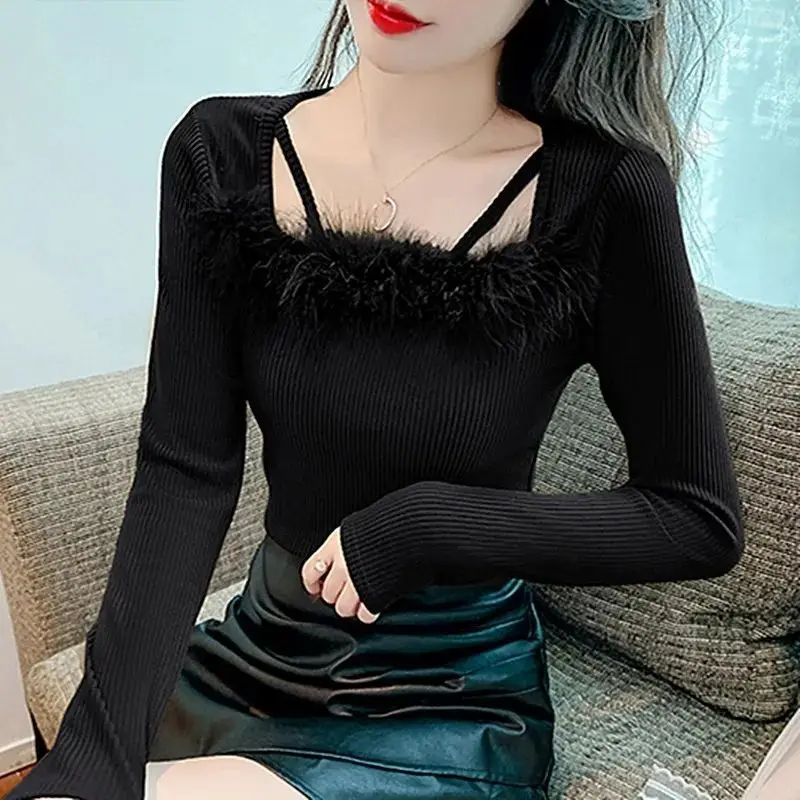 Elegant Square Collar Spliced Long Sleeve Blouses Women\'s Clothing 2023 Autumn Winter New Knitted Korean Tops Sweet Shirts