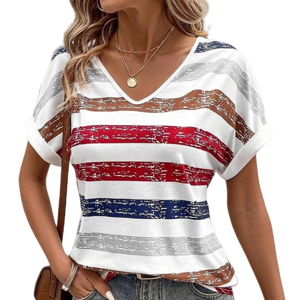 

Women's Casual Colorful Striped Graphic T-Shirt Summer V-neck Short Sleeve Oversized Harajuku Streetwear Blouse Female