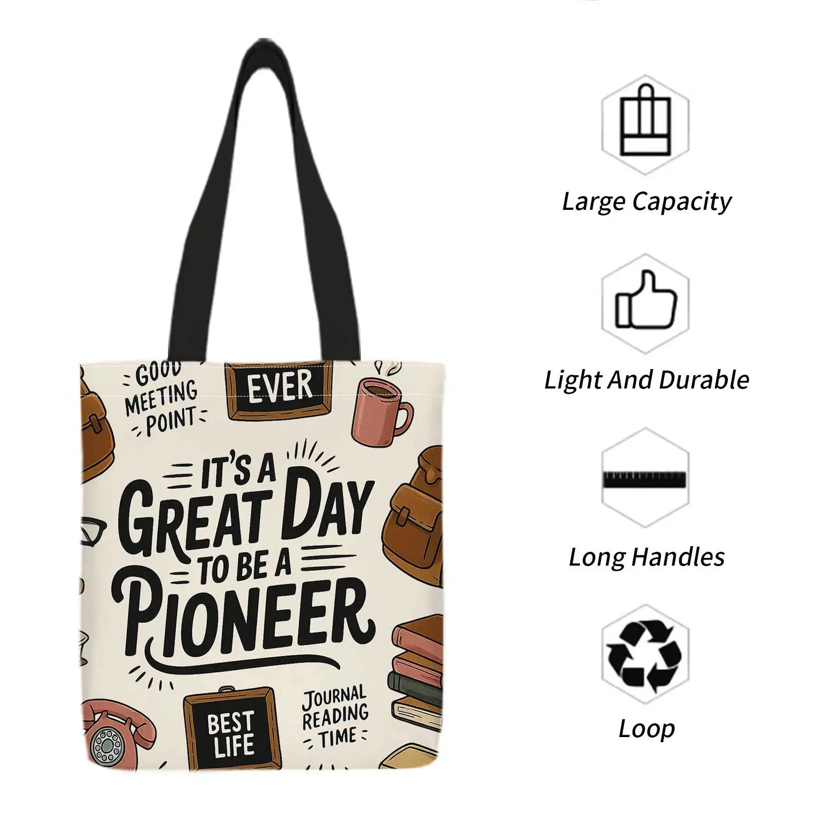 A Shopping Tote Bag with Prints on Both Sides, Featuring Designs Like a Pioneer, Books, And a Retro Phone. It'S Lightweight, Fol view 2