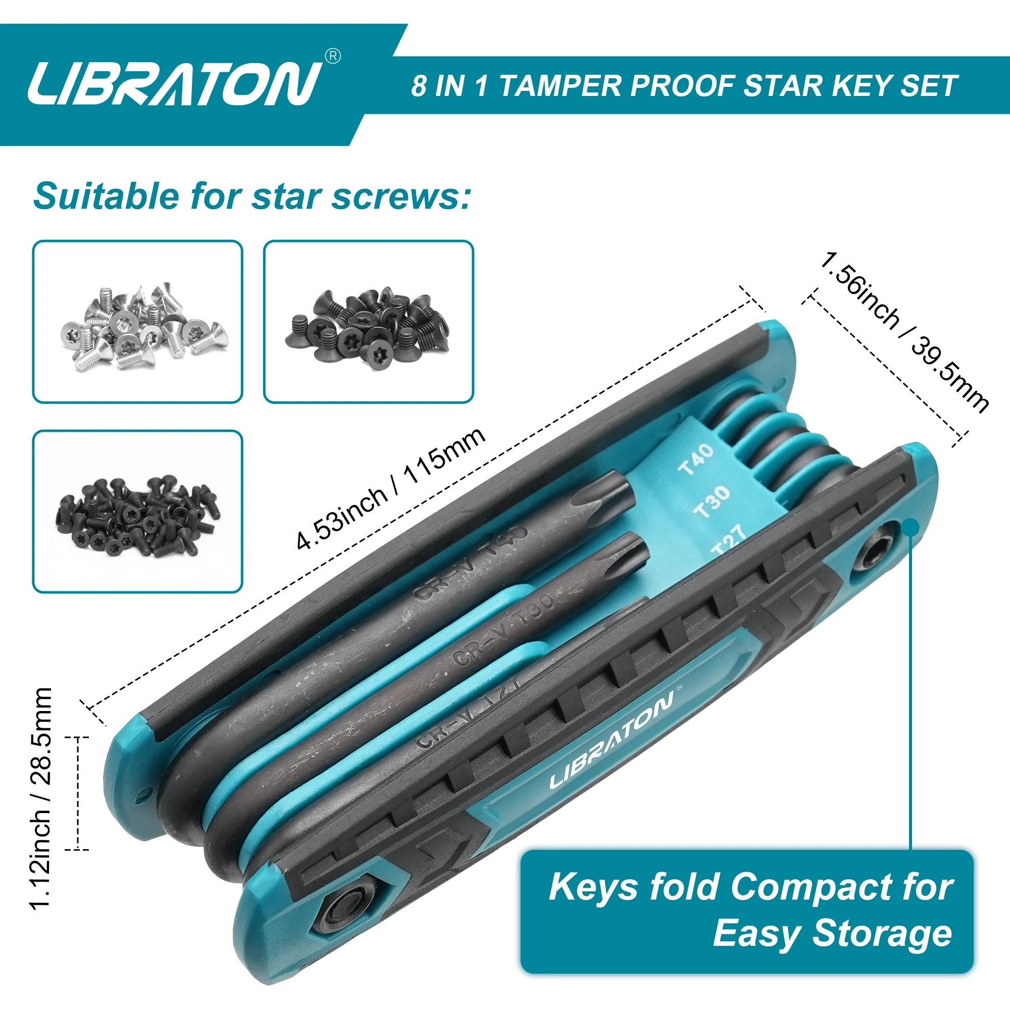 Imagem -03 - Libraton-tamper Proof Conjunto Chave Estrela Folding Torx Wrench Grupo Mini Bolso Cr-v Steel T-9 to T40 em em 1