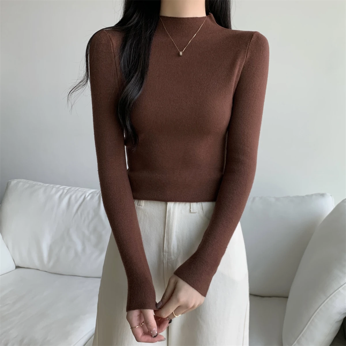 محبوك سترة المرأة البلوفرات الجديدة طويلة الأكمام وهمية الرقبة الأبيض متماسكة سترة البلوز المرأة بلايز البلوزات Sueters De Mujer Q1535