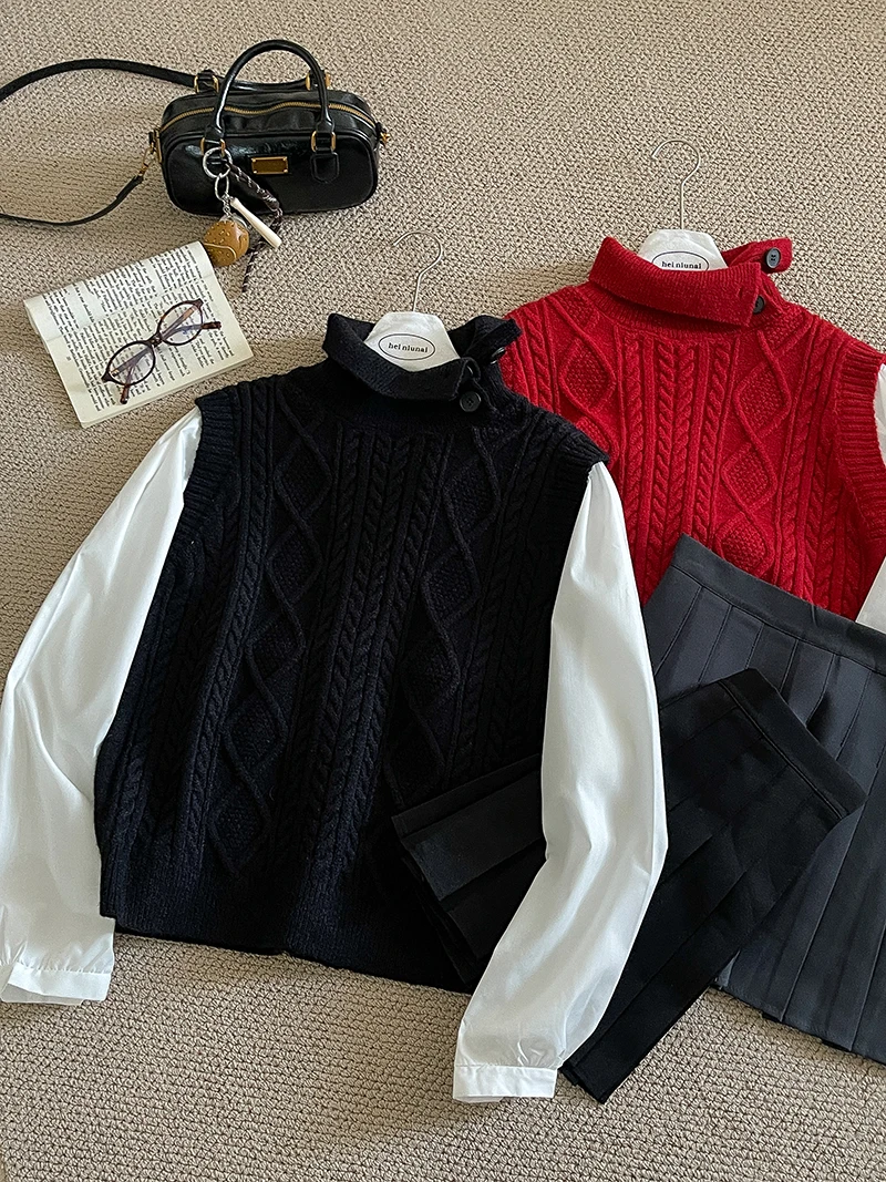 

Gagaok Color Blocking Fake Two-piece Sweater Spliced Shirt Sleeve Pullover 2025 Autumn Women Button High Neck Top Sueter Mujer