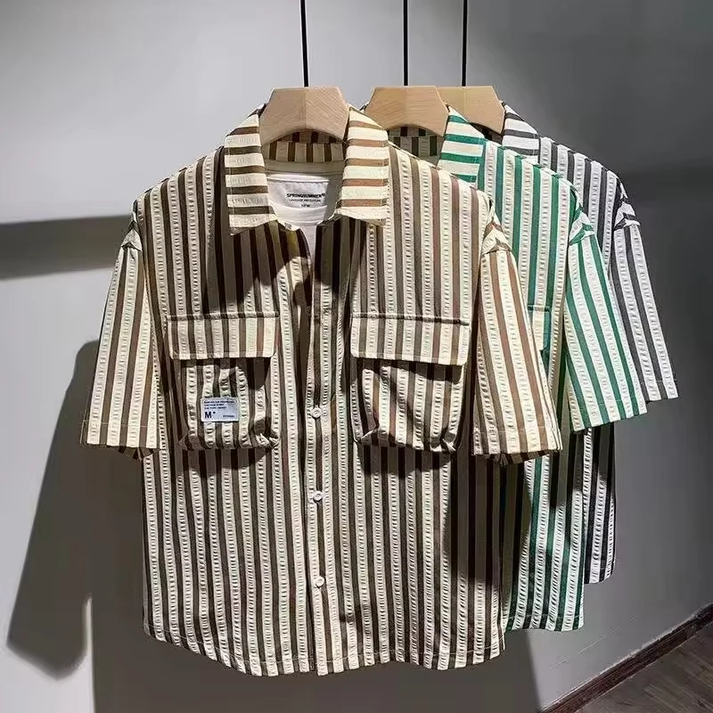 

2025 Summer New Fashion American Men's Casual Trendy Turn-down Collar Short Sleeve Loose Pocket Striped Shirts Male Clothes Tops