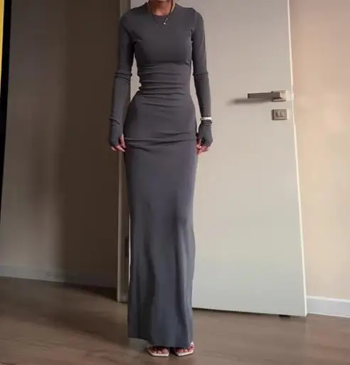 

Autumn Solid Color Sexy Long Sleeved Dress for Women Sexy Simple Solid Color Round Neck Waist Bag Tight Fitting Dress