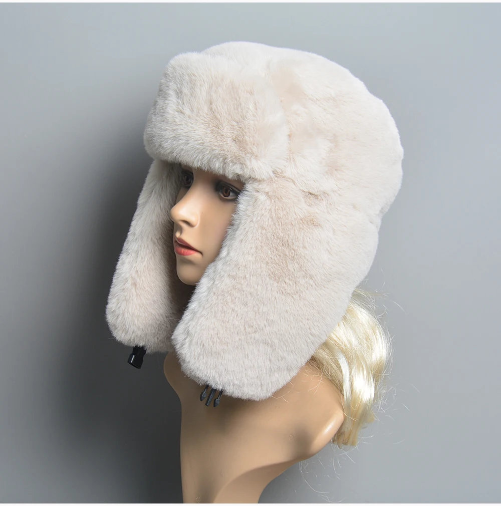 2024 Winter Russian Man Woman White Skin False Rex Rabbit Fur Hats Luxury False Rex Rabbit Fur Cap Unisex False Fur Bomber Hat