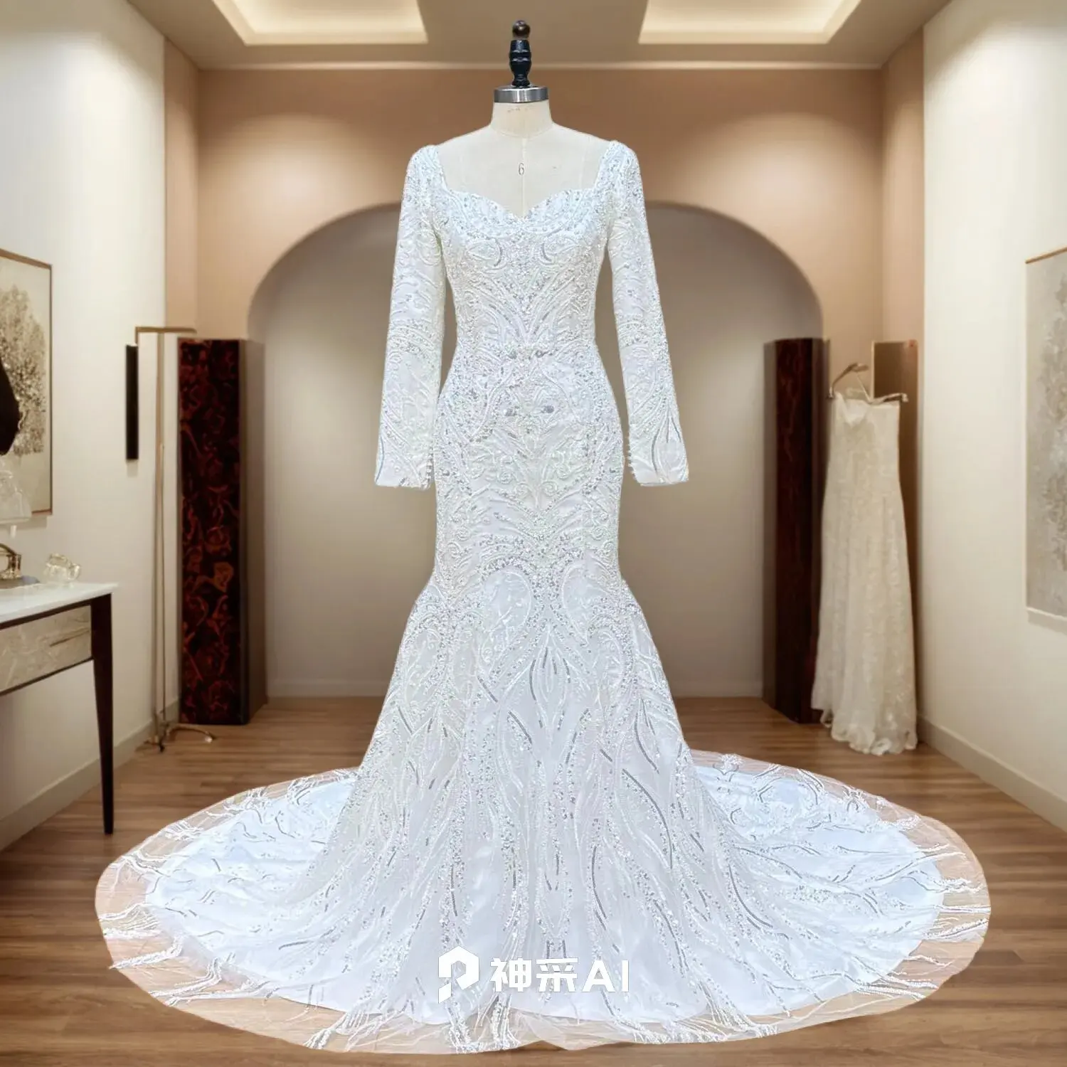 Прокат Lnyer Милая шея на шнуровке сзади с длинным рукавом по всей поверхности Блестящие бусины Жемчуг Блестки Роскошные блестящие свадебные платья русалки