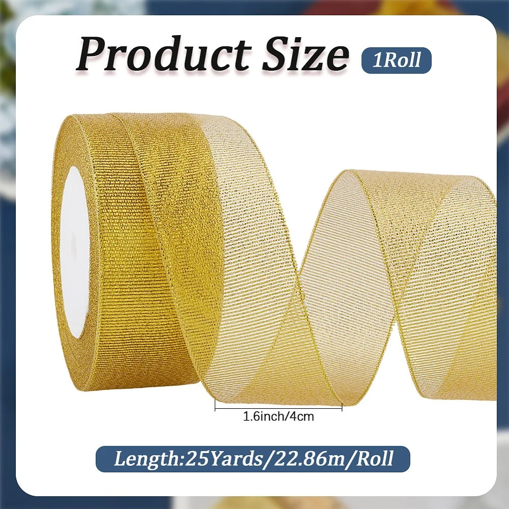 Polyester Ribbon Glitter Metallic Ribbon Sparkle Ribbon Gold 1-5/8 inch(40mm) 25yard/roll