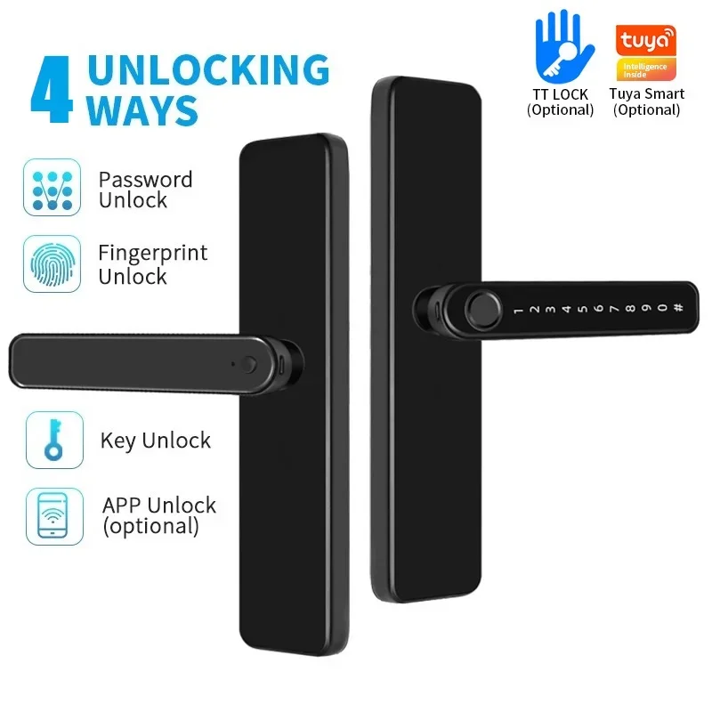 Tuya Smart Door Lock Handle for Indoor Wooden Doors Fingerprint Password Key APP Remote Unlock Electronic Lock No Lock Cylinder