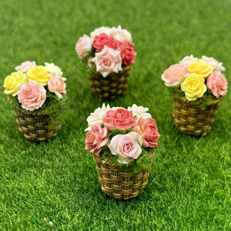 Mini Potted Flowers Flower Pot Basket Simulation Miniature Dollhouse Decor Food Play Photo Prop Scene Accessories Home Decor