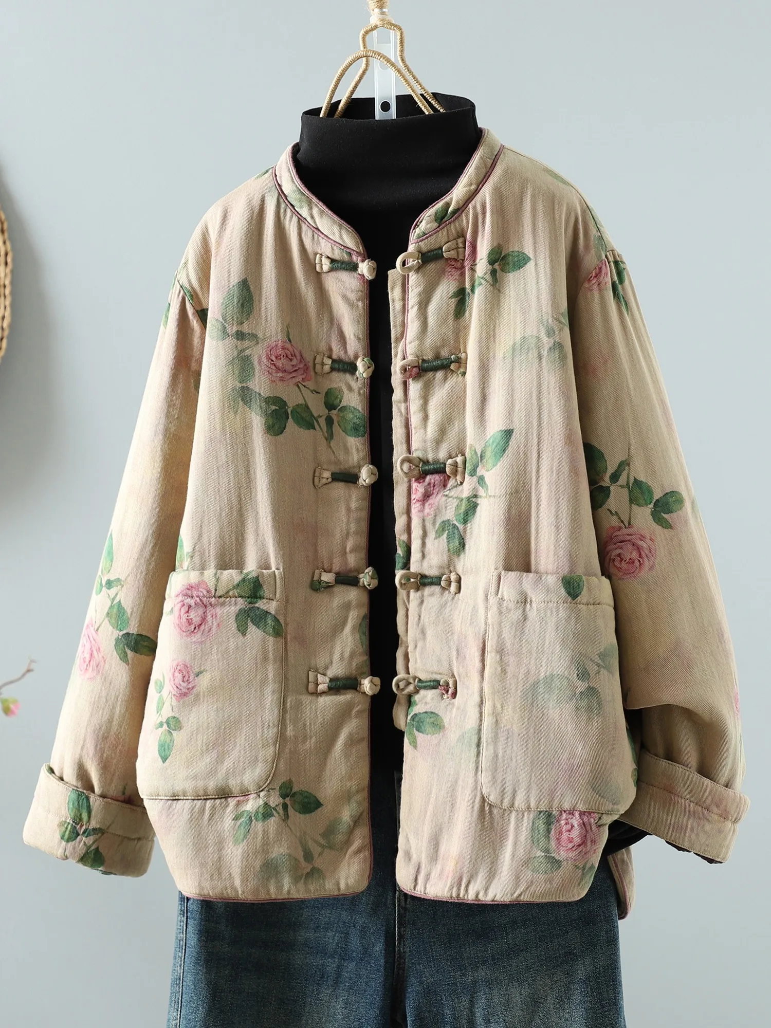 

Женское хлопковое пальто с принтом Thiened, зимнее пальто на пуговицах с воротником-стойкой, свободное длинное пальто в стиле ретро с цветочным узором