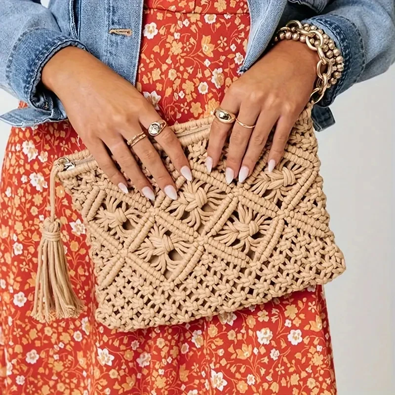 fashion rope woven clutch bag for women casual hollow out tassel clutch purses handmade summer beach bags 2024