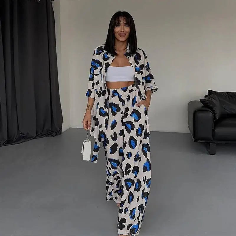 ARTIE | Leopard Printed Elegant Women\'s Sets Casual Long Streetwear Sleeve Tops Wide Leg Pants Two Piece Sets Womens Outifits