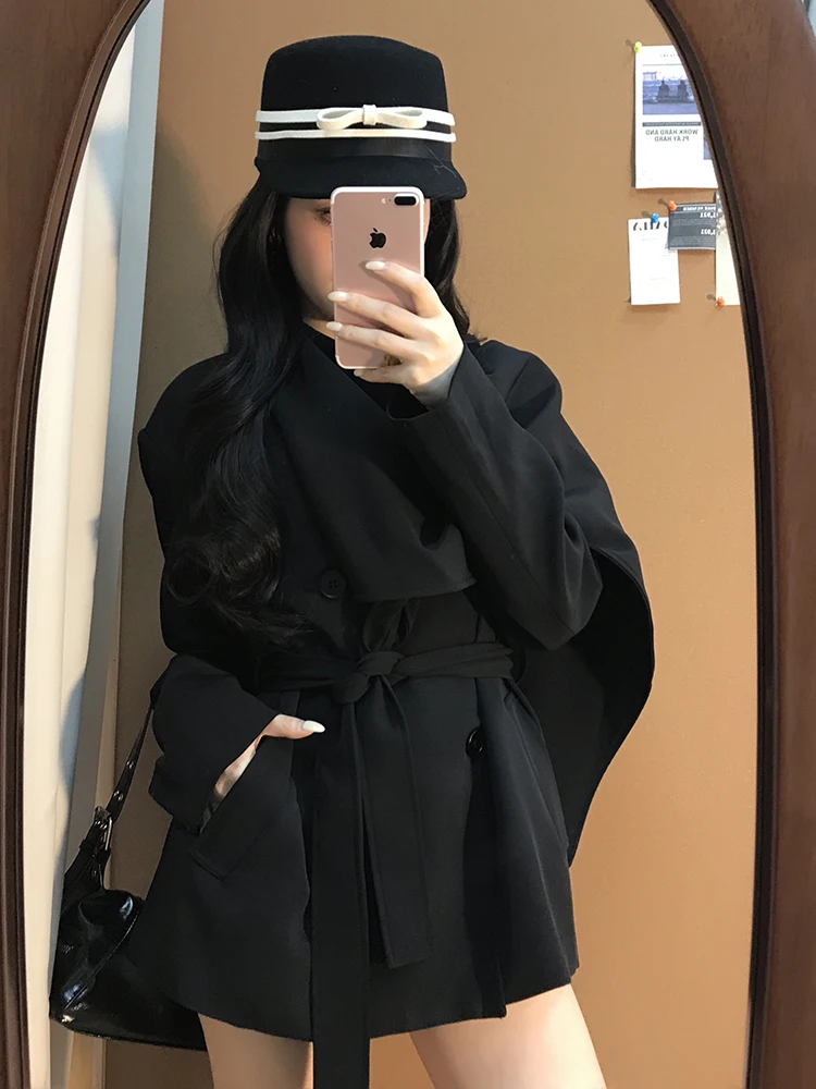 

Bla Scarf Collar ort Sle Women's Windbreaker Coat Korean Design Sensation Waist Cinching Slimming Outerwear