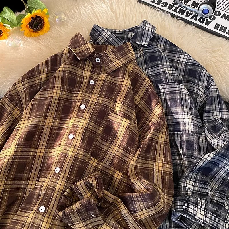 

Женская клетчатая повседневная рубашка с длинными рукавами, весенне-осенняя, винтажная, в гонконгском стиле, свободного кроя, износостойкая, из смеси хлопка и полиэстера