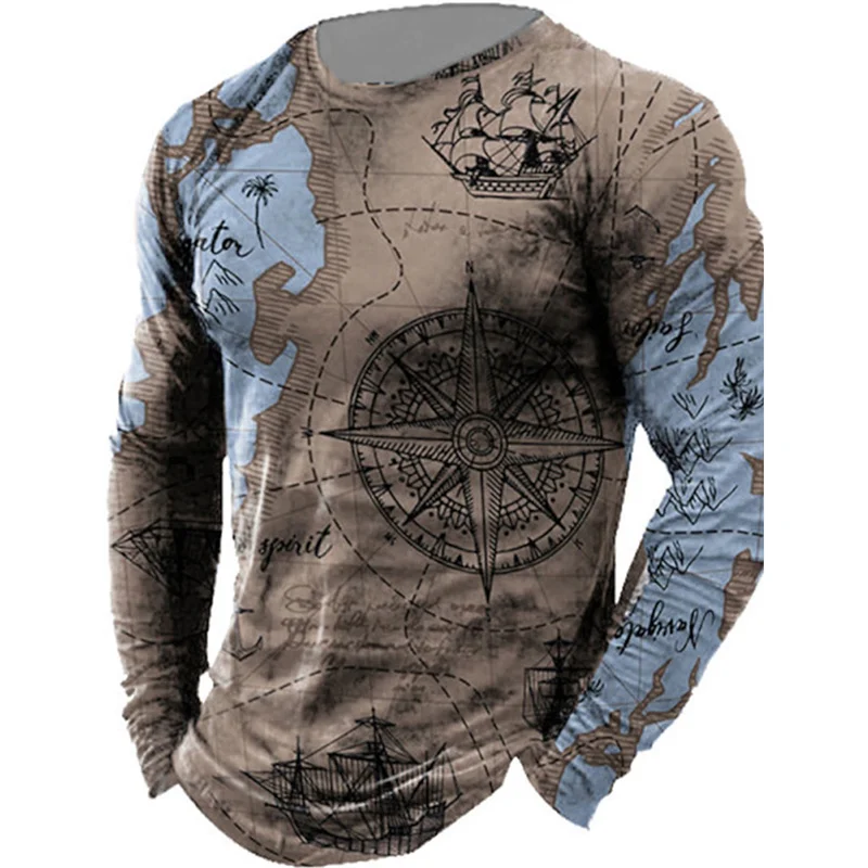 

Fashion Nautical Map Pattern T-Shirt For Men Vintage 3D Printed T Shirts Autumn Casual Long Sleeves Loose O-Neck Tops Tees