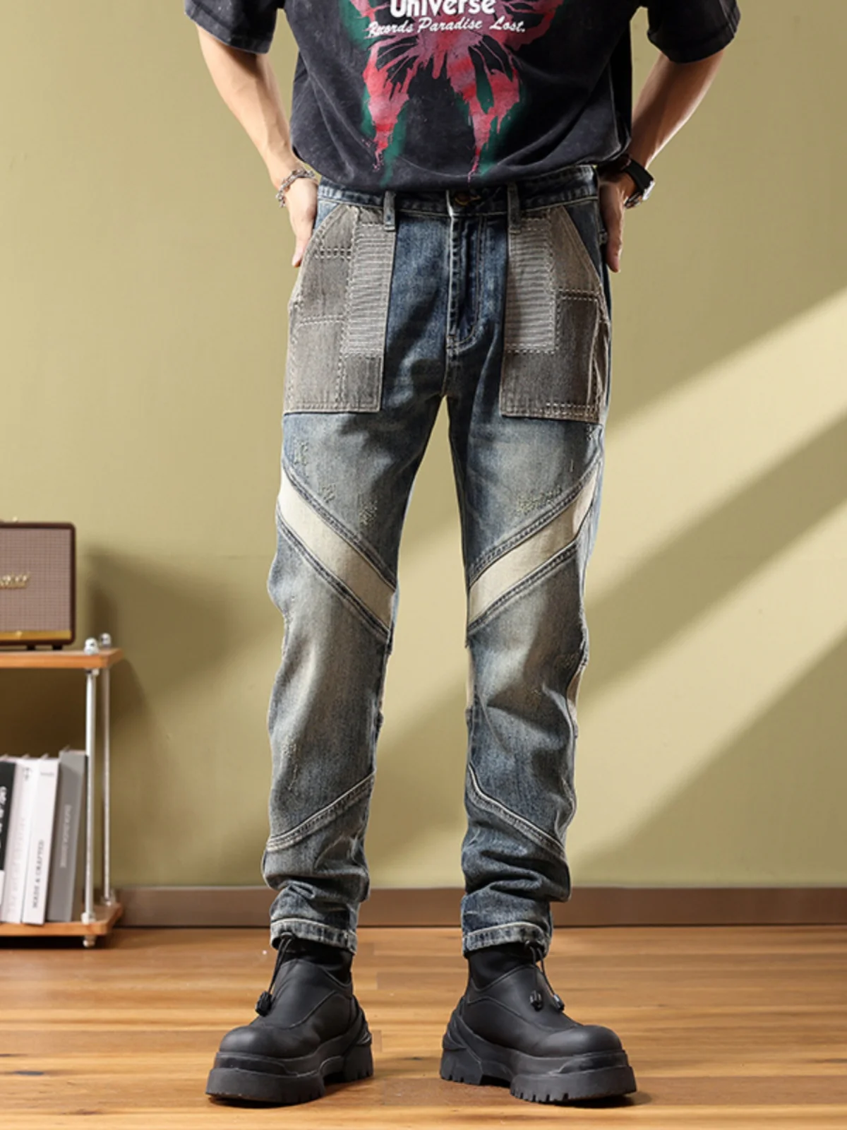 

High-End Patchwork Retro Straight Leg Men's Jeans Faionable Slim Fit Long Trousers for Youth Casual Wear Cotton Stretch Denim