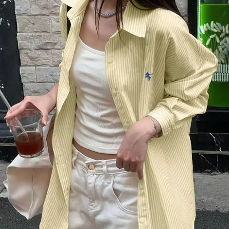 قميص ITOOLIN الجديد لقضاء العطلات الراقية للسيدات صيفي أنيق بياقة مخططة وفضفاض غير رسمي متعدد الاستخدامات وأكمام طويلة #3