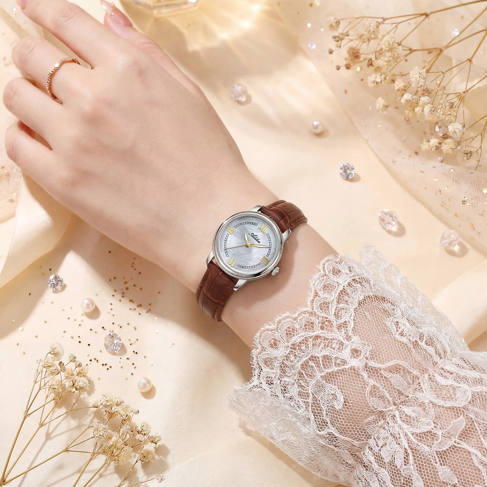 Addies 5Bar Waterproof Sapphire Glass Watches Mother of Pearl Dial Stainless Steel Women's Quartz Watch Japan GL32 Wristwatches