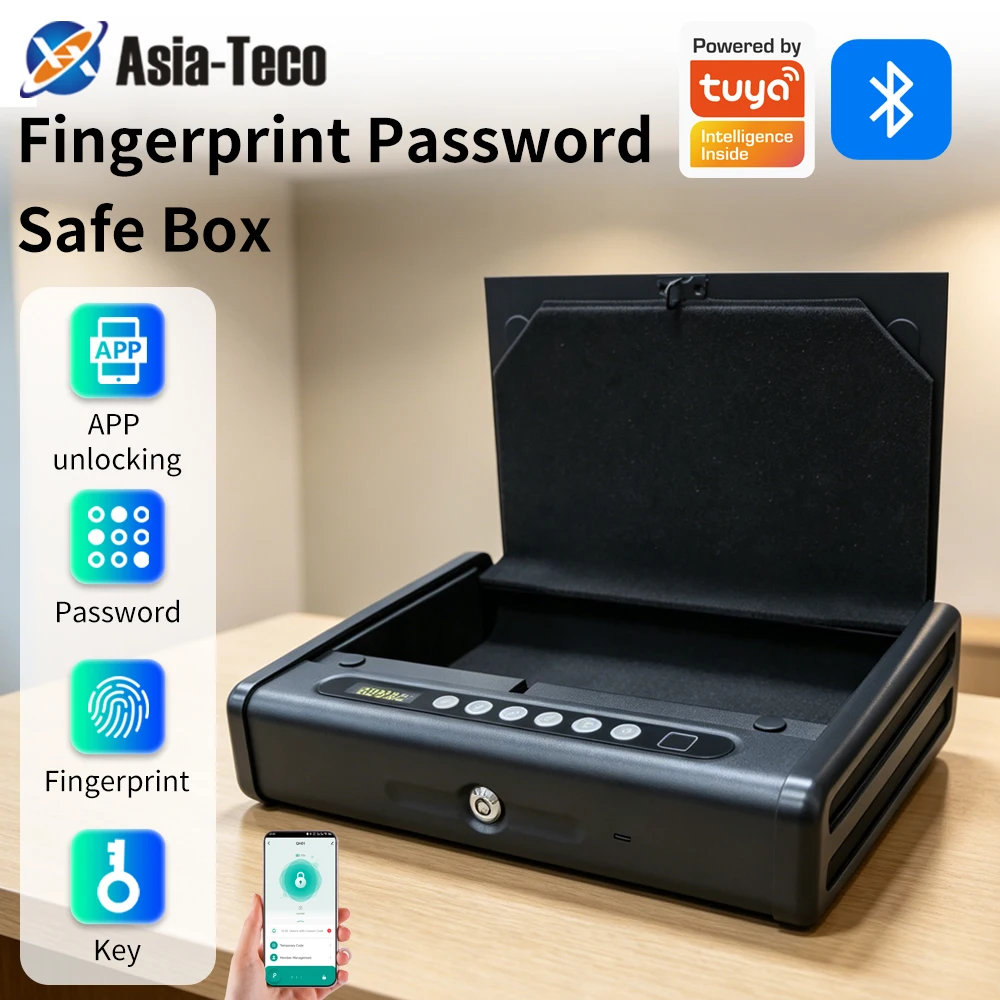 Support Tuya APP Metal Safe Box Suitable for Home Rental Safety Bluetooth Fingerprint Password Key Unlock Emergency Power