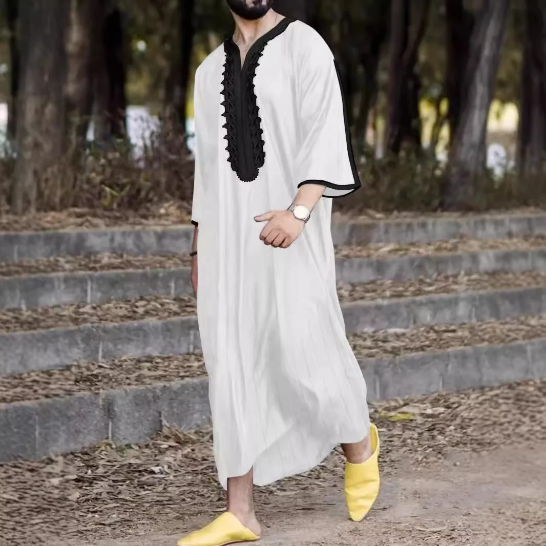 Moroccan Hand Embroidered Islam Kaftan Muslim Men's Clothing Loose Breathable Djellaba Abaya Thobe Summer Caftan